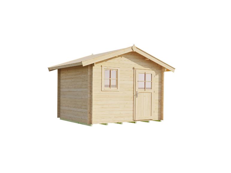 Helles Gartenhaus aus Holz mit Tür und Fenster