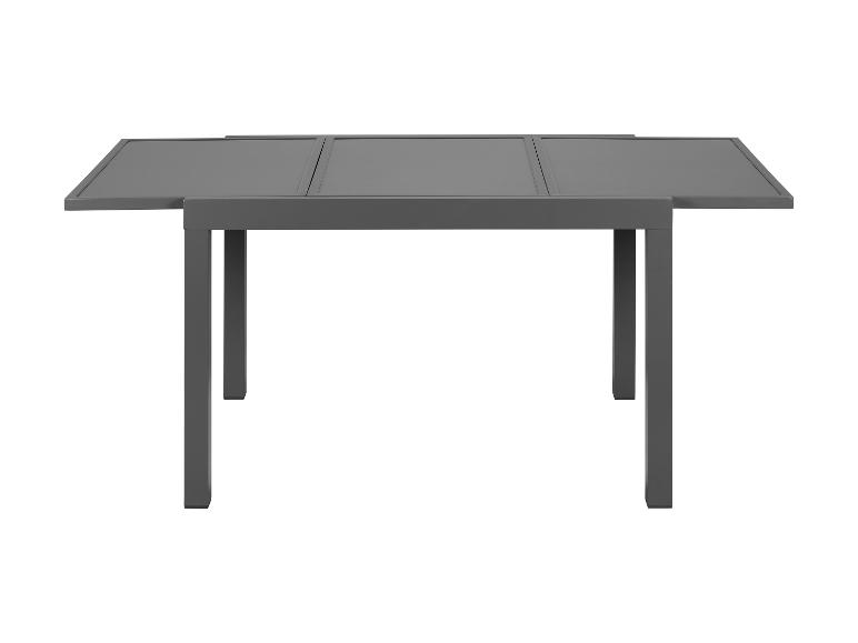 Dunkelgrauer, ausziehbarer Aluminium-Garten Tisch.