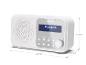 Weißes tragbares Radio mit Bluetooth-Funktion, Maße 174x90x69 mm.