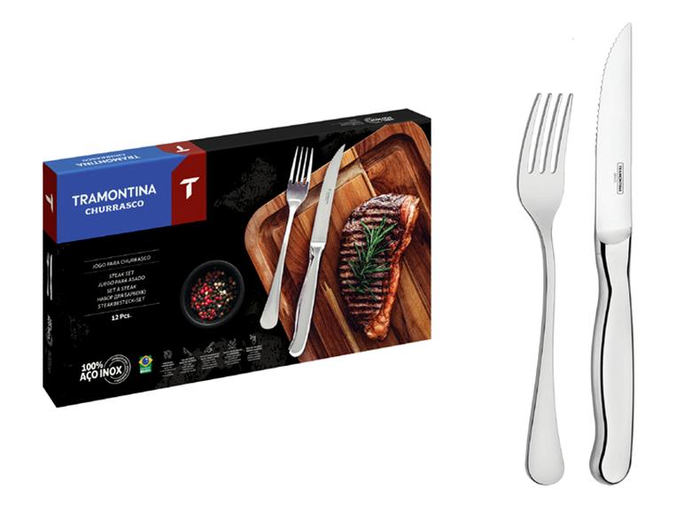 Steakbesteck-Set mit einer Box, die ein gegrilltes Steak, Gabel und Messer zeigt.