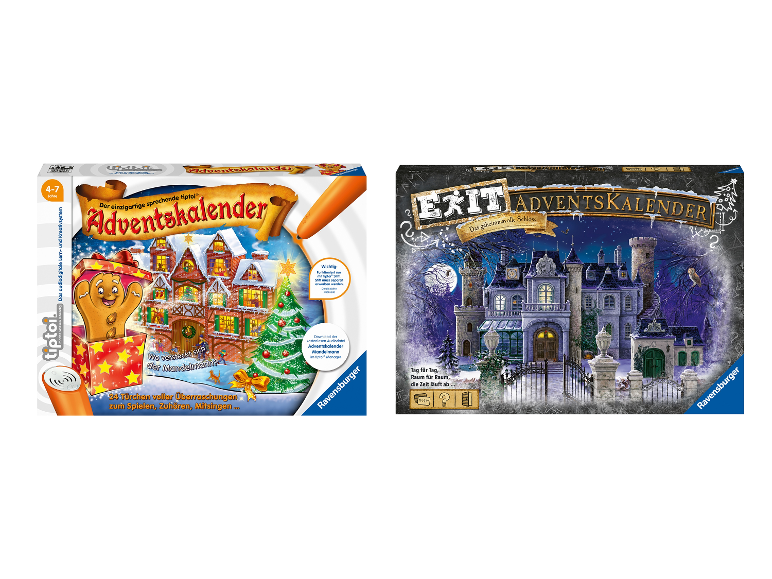 Zwei Adventskalender: einer mit Lebkuchenmann, der andere mit einem geheimnisvollen Schloss.