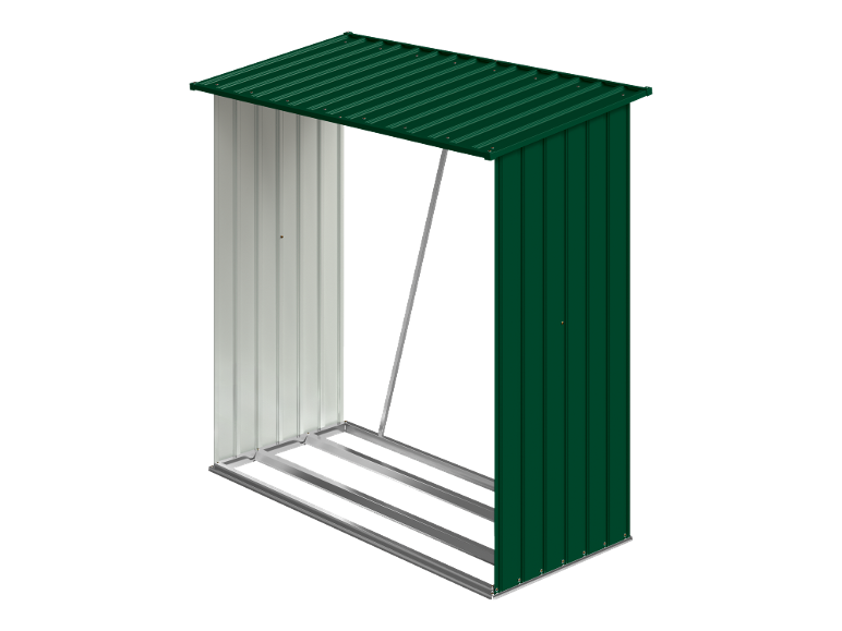 Grünes und weißes Metall-Gartenschuppengestell mit schrägem Dach.
