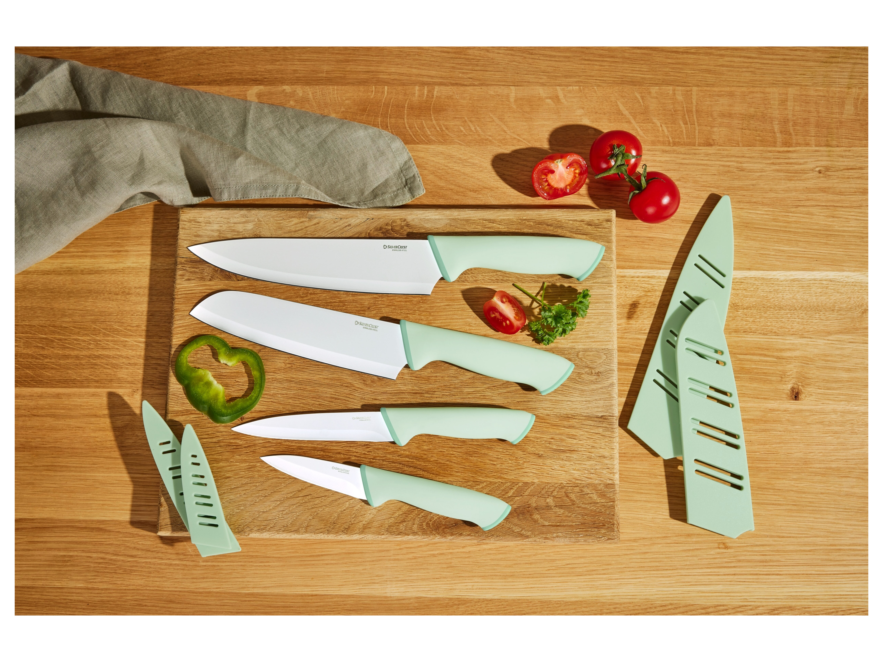 Thumbnail - SILVERCREST® Küchenmesser Kunststoff-Griff beschichtet mit Klingenschutz Set 4tlg. (Set 4tlg. Mint)