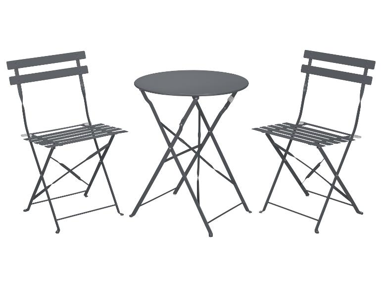 Dunkelgraues Bistrot-Set mit einem runden Tisch und zwei Klappstühlen.