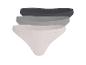 Drei Damen-String-Slips in Schwarz, Grau und Beige.
