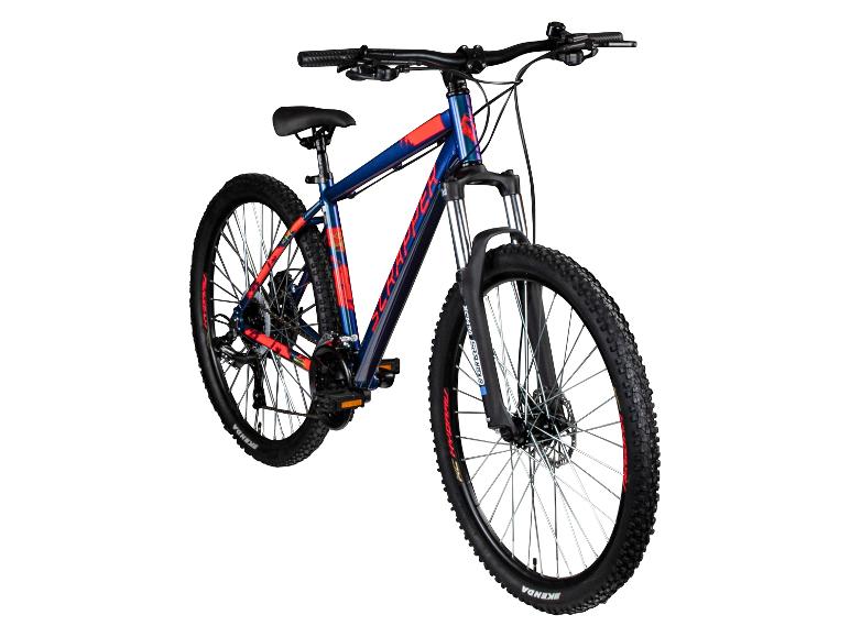 Blaues und rotes Mountainbike mit schwarzen Reifen und silbernen Details.