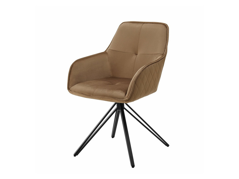 Ein brauner Samt-Esszimmerstuhl mit schwarzen Beinen.