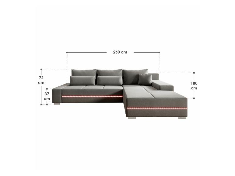 Ein graues Ecksofa mit LED-Beleuchtung.
