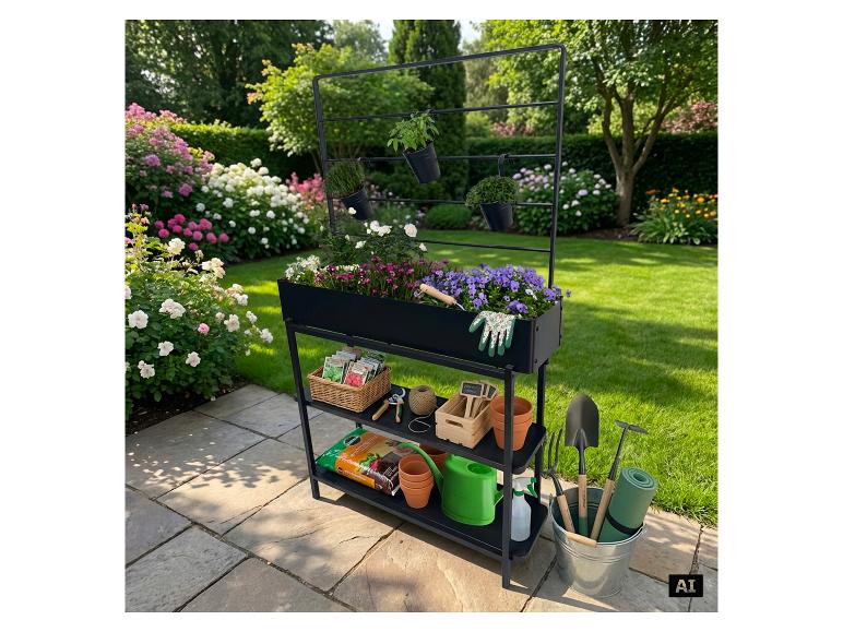 Schwarzes Gartenregal mit Pflanzkasten, Werkzeugen und blühenden Pflanzen auf einer Terrasse.