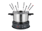 Edelstahl-Fondue-Set mit schwarzem Elektrosockel und acht Gabeln.