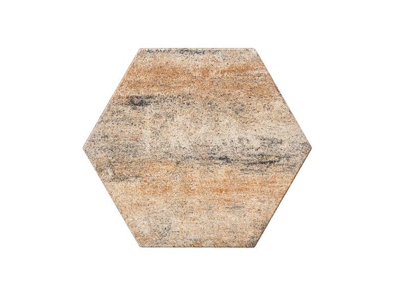 Sechseckige beige-braune Feinsteinzeugfliese mit dunklen Mustern