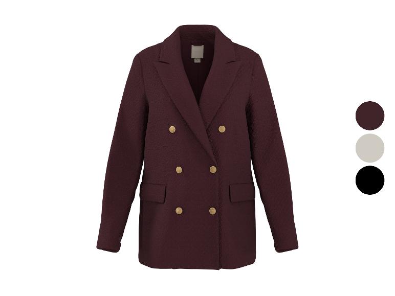 Damen-Zweireiher in Bordeaux mit goldfarbenen Knöpfen und Farbpalette.