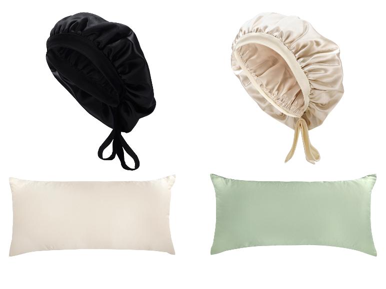 Schwarze und beige Satin-Schlafhauben und passende Kissenbezüge.