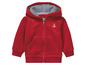 Rote Fleecejacke mit Kapuze und Anker-Detail.