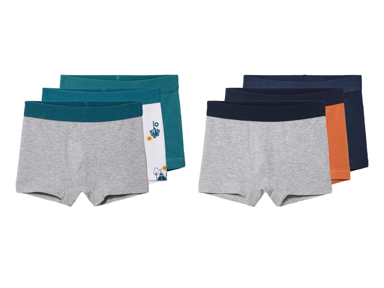 Drei Paar Jungen-Boxershorts, grau mit blauen und orangenen Akzenten