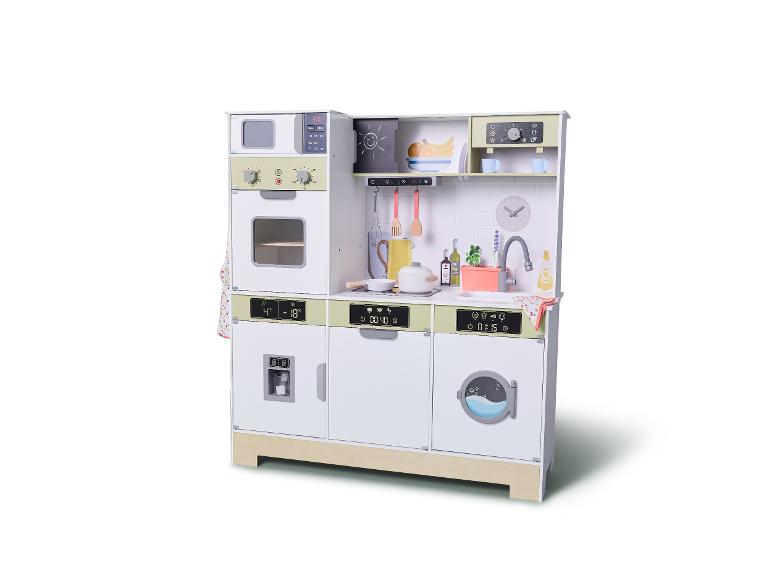 Hölzerne Spielküche mit Mikrowelle, Backofen, Kühlschrank, Waschmaschine und Spüle