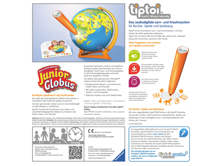 Interaktiver Kinderglobus mit Audiostift und pädagogischen Informationen auf German.