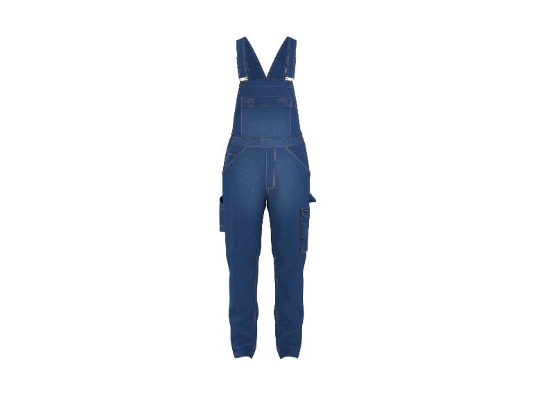 Blaue Jeans-Arbeitslatzhose mit mehreren Taschen und verstellbaren Trägern