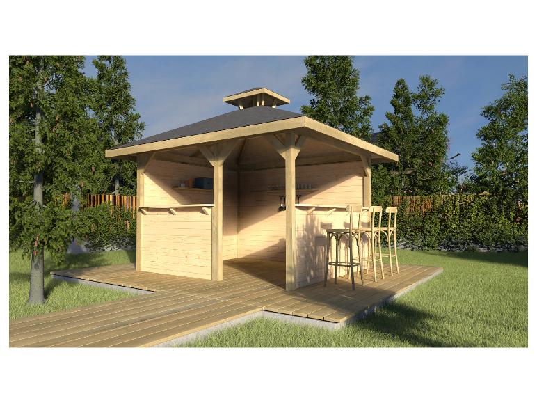 Ein Gartenhaus aus Holz mit Bar und Hockern.