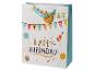 Weiße Geburtstagstüte mit Konfetti, Ballons, Partyhüten und dem Schriftzug „Happy Birthday“.