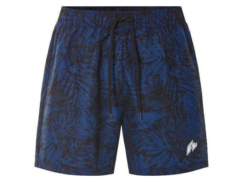 Marineblaue Badehose mit tropischem Muster.