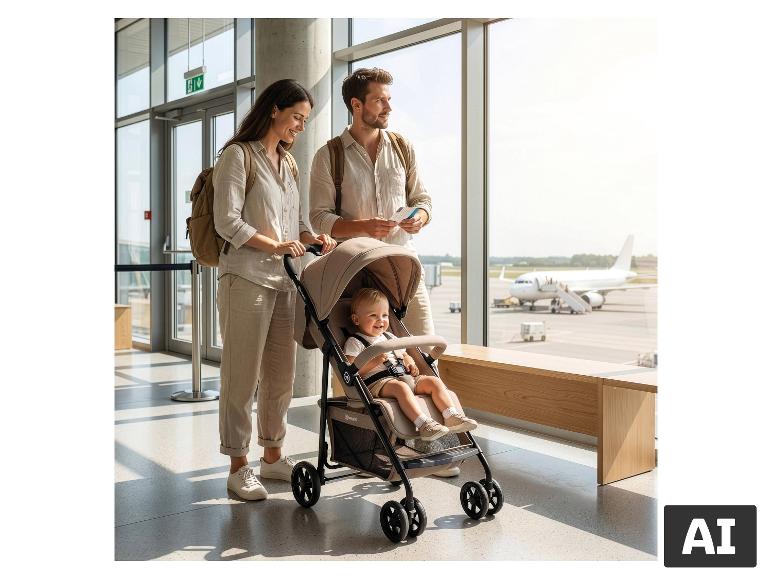 BABYGO Buggy Easy Travel mit Kind und Eltern am Flughafen [KI-generiertes Bild]