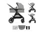 Grauer Kinderwagen mit Babywanne und Sitzoptionen, plus Zubehör.