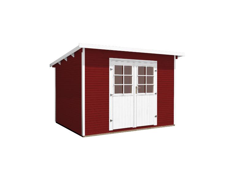Roter Gartenhaus mit weißer Verkleidung und Doppeltüren