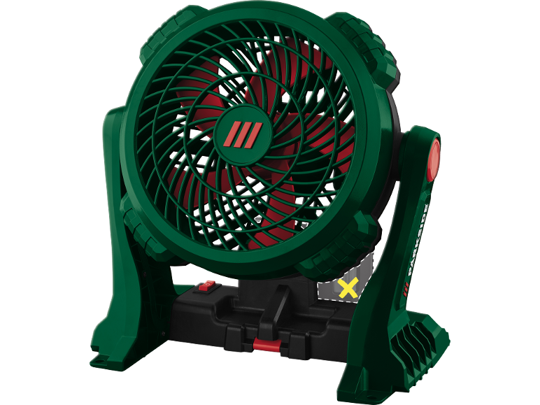 Grün-roter Werkstattventilator mit schwarzem Sockel und roten Details.