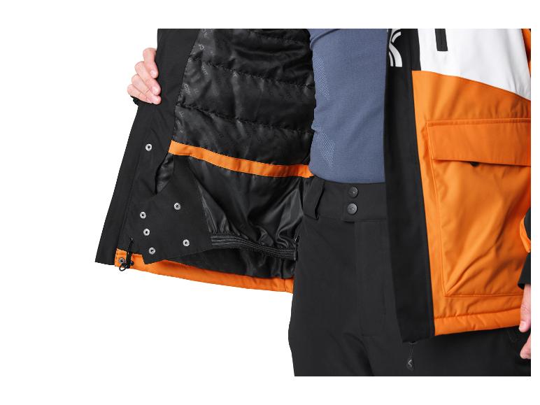 Herren-Skijacke mit orangefarbenen und schwarzen Details, von innen gesehen