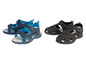 Zwei Paar Sandalen mit Klettverschluss, blau und schwarz.
