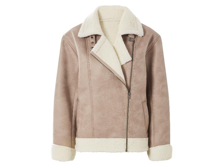 Beige Wildleder-Look Pilotenjacke mit cremefarbenem Kunstfellfutter.