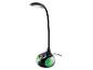 Schwarze LED-Schreibtischlampe mit flexiblem Arm und farbig beleuchtetem Sockel.