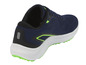 Blaue Laufschuhe mit weißer Sohle und grünen Akzenten.