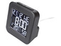 Eine schwarze Digitaluhr, die Zeit, Tag und Temperatur anzeigt.