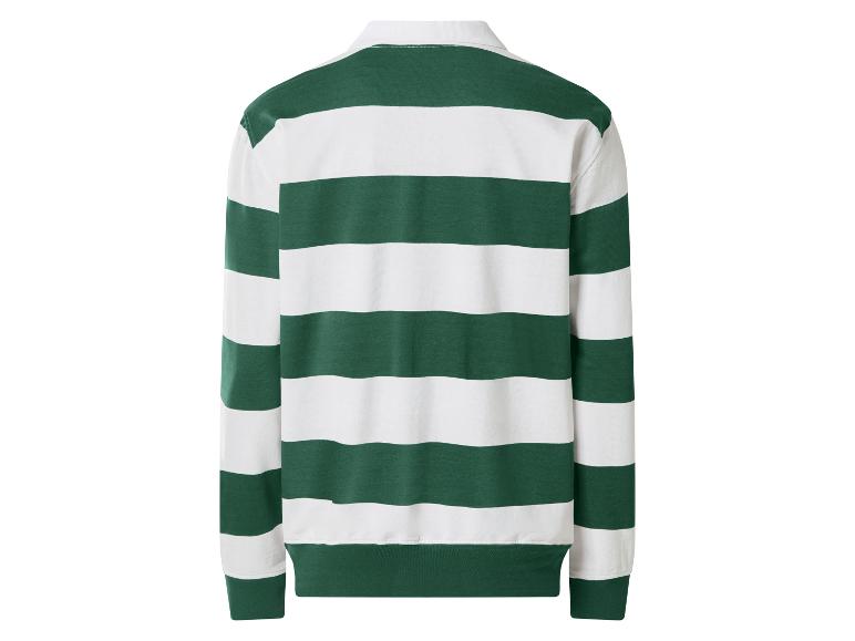 Grün-weiß gestreiftes Langarm-Rugby-Shirt, Rückansicht.