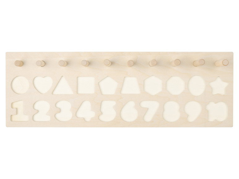 Holzspielzeug mit Zahlen, Formen und Stiften