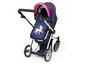 Ein blauer Kinderwagen mit rosa Herzen und einem Einhorn.