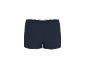 Dunkelblaue Herren-Boxershorts mit weißem und grauem Streifenbund, Rückansicht.
