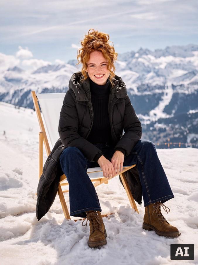 Lächelnde Frau in schwarzer Steppjacke, Jeans und braunen Stiefeln sitzt auf einem Liegestuhl im Schnee.