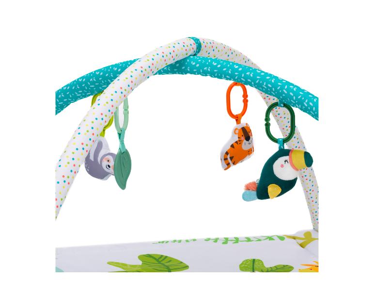 Baby-Spielbogen mit hängenden Spielzeugen: Faultier, Tiger und Tukan.