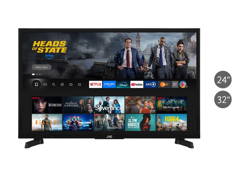 JVC Smart-TV mit Netflix, YouTube und Prime Video Apps, erhältlich in 24' und 32'.