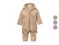 Beiger Baby-Overall mit Kapuze und Reißverschluss, mit Farbmustern.