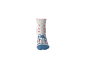 Weiße Socke mit blauem und rosa Charakter und rosa Herzen.