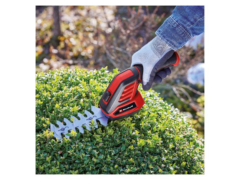 Person schneidet eine Hecke mit einer Akku-Heckenschere.
