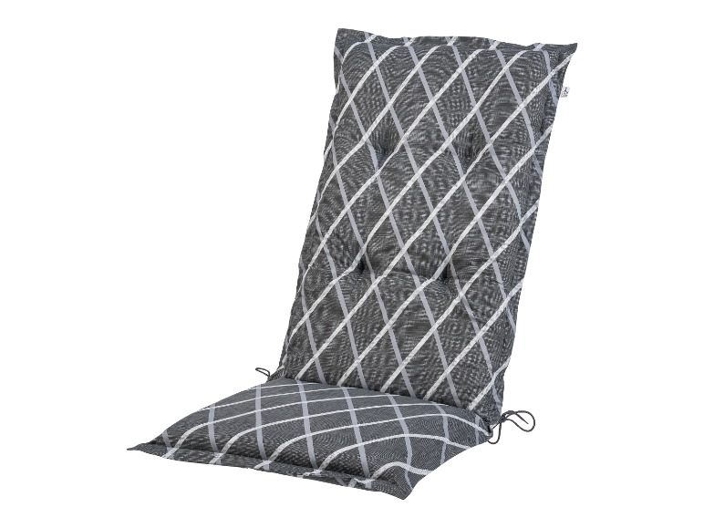 Grauer Gartenkissen mit Rautenmuster.
