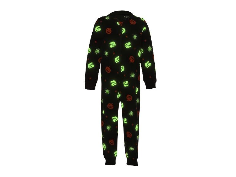 Schwarzer Halloween-Overall mit im Dunkeln leuchtenden Dinosaurierschädeln, Kürbissen, Spinnen und Spinnennetzen.