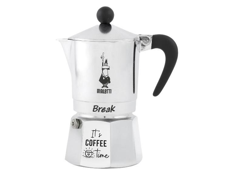 Silberne Mokkakanne mit schwarzem Griff und Knauf, mit dem Text „It's coffee time“.