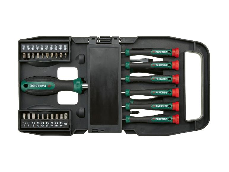 PARKSIDE Schraubendreher-Set mit Bits und Griffen in einem schwarzen Aufbewahrungskoffer.