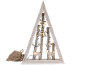 Weihnachtsbaumdekoration mit Holzrentieren, Schneeflocken und Lichtern.